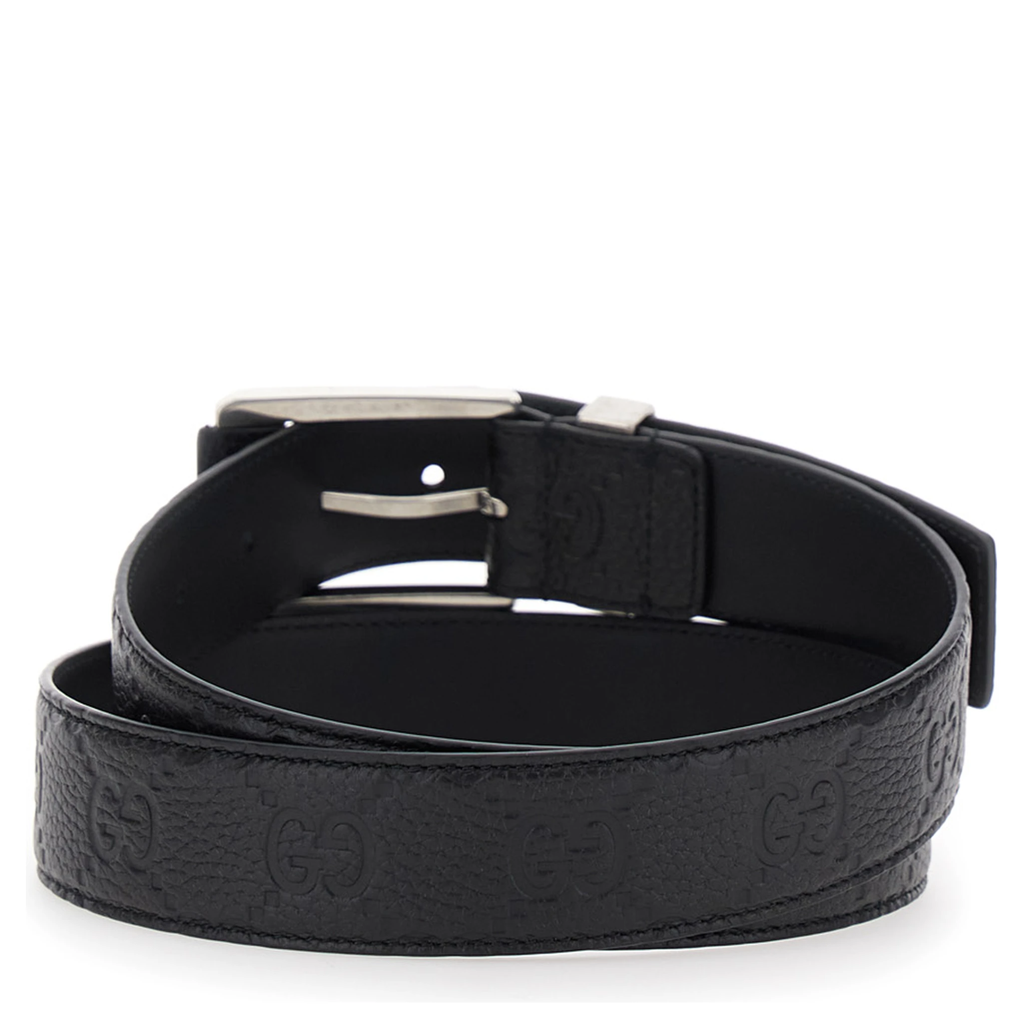 Black Belt with Square Buckle and All-Over Embossed GG Logo in Grained Leather Man