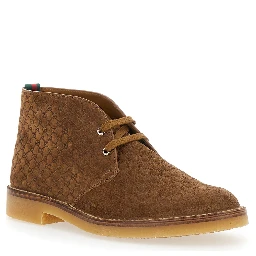 Brown Ankle Boots with Web Detail on the Heel and Low Heel in GG Suede Man
