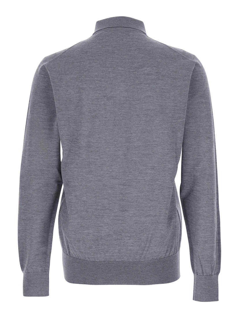 Grey Polo Shirt with Classic Collar and Tonal Logo Embroidery on the Front in Wool Man