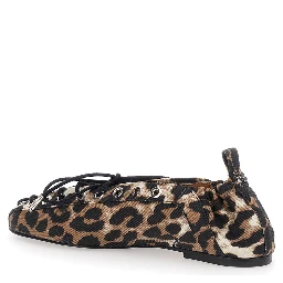 Brown Lace-up Ballerinas with Metal Eyelets and All-Over Print in Fabric Woman