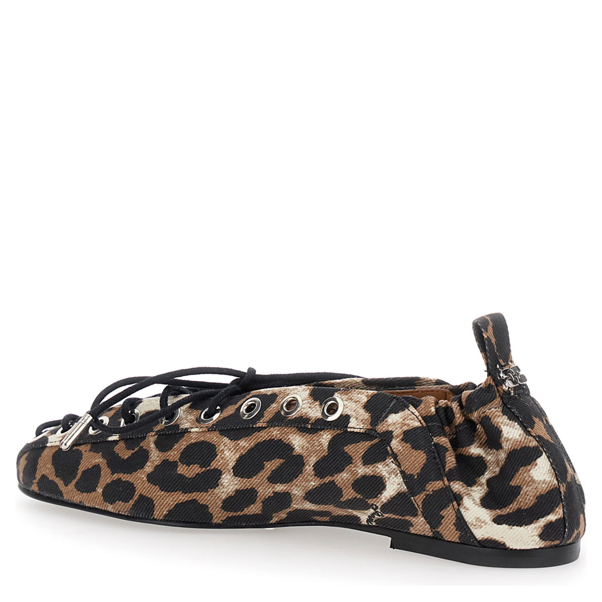 Brown Lace-up Ballerinas with Metal Eyelets and All-Over Print in Fabric Woman