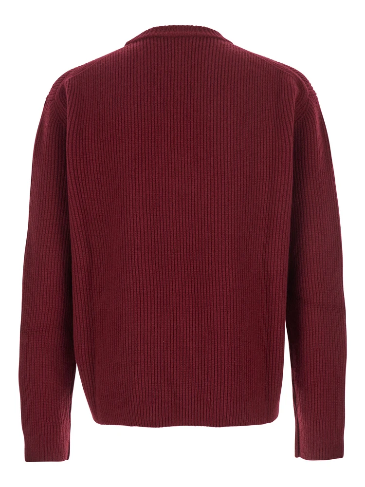 Bordeaux Crewneck Sweater with Logo Lettering Embroidery on the Front in Wool Man alternative