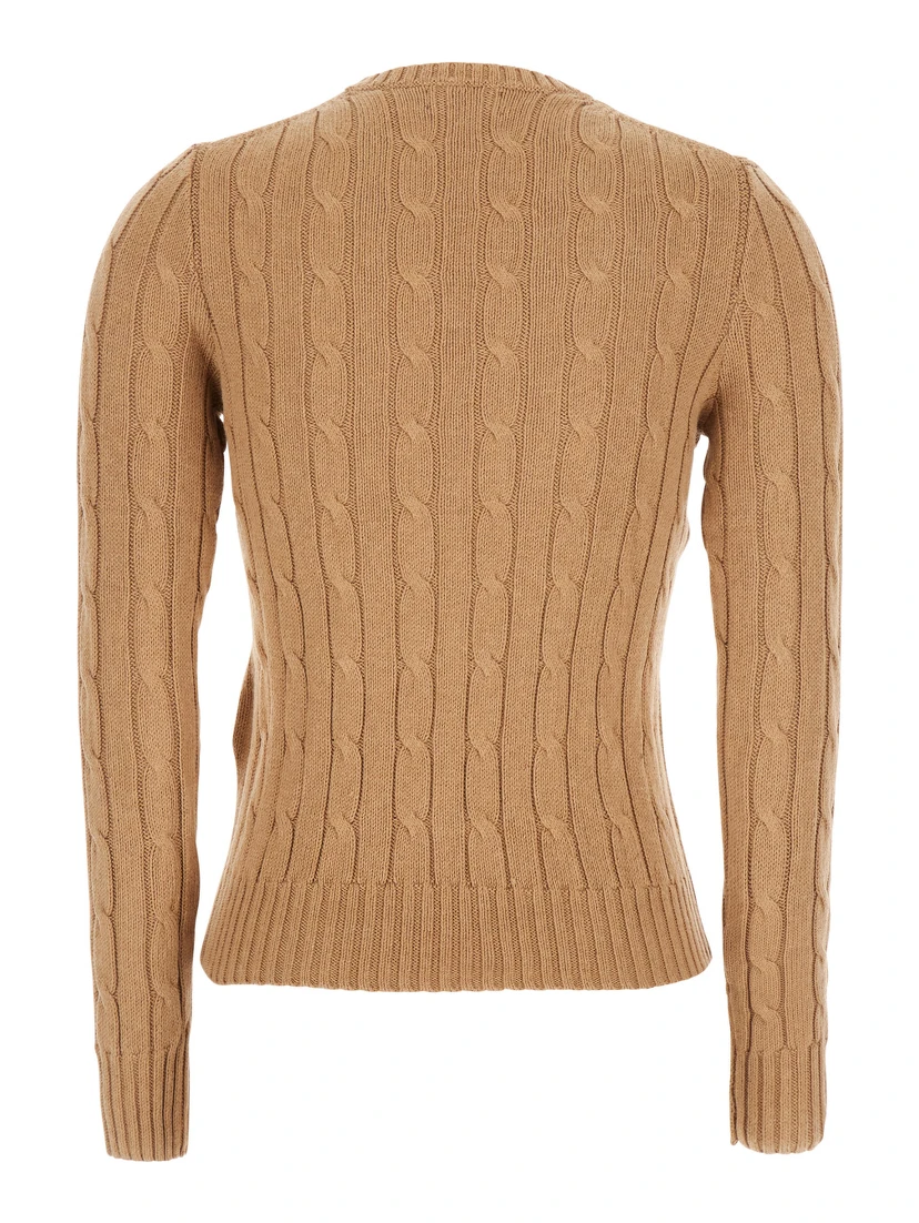 Beige Sweater with Embroidered Pony Detail on the Front in Cotton Woman