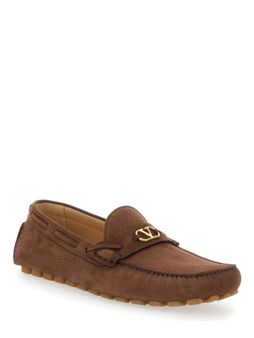 Brown Loafers with Round Toe and VLogo Plaque in Suede Man