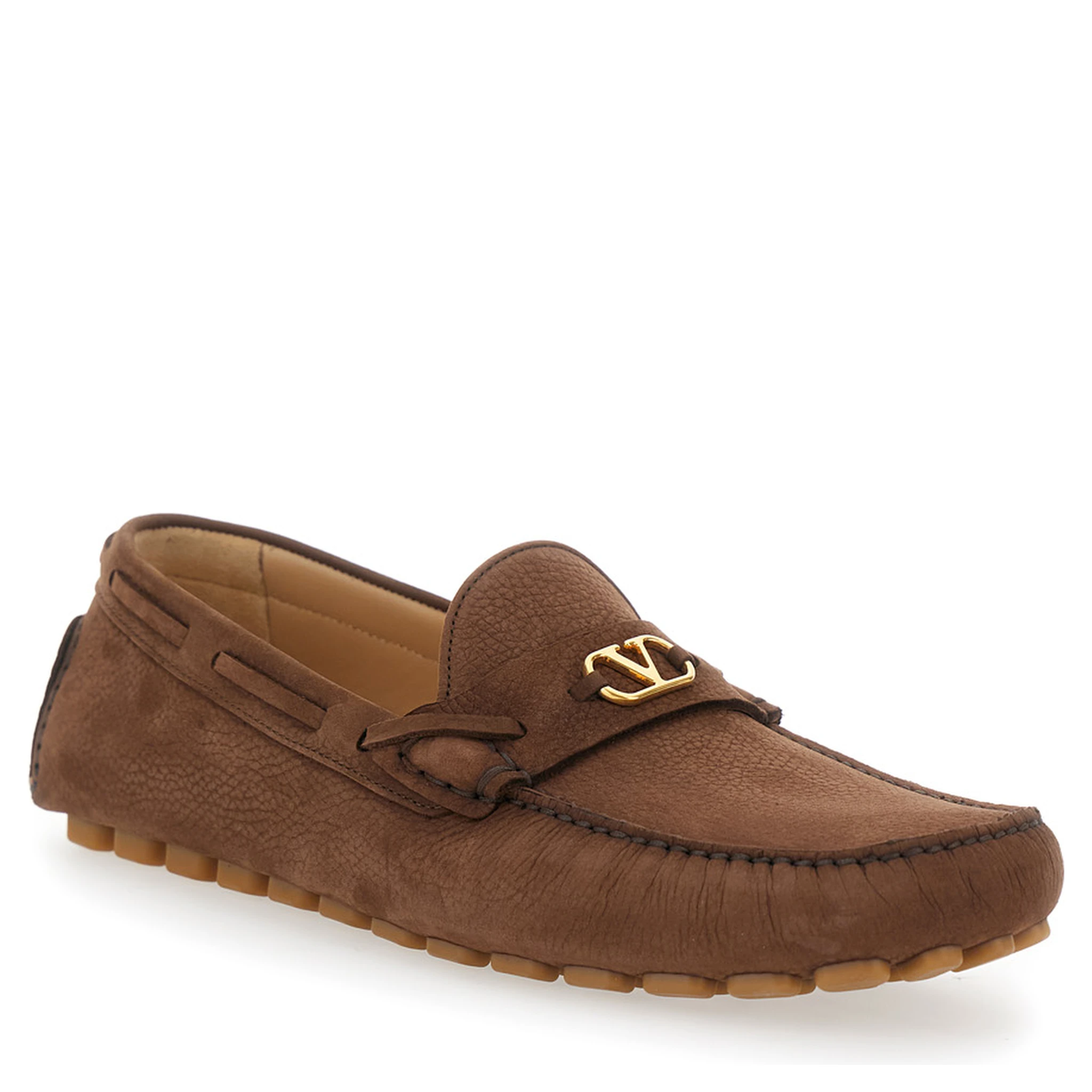 Brown Loafers with Round Toe and VLogo Plaque in Suede Man