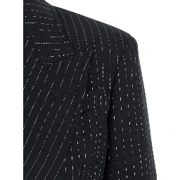 Mattia Black Double-Breasted Jacket with Peak Revers and All-Over Striped Motif in Wool Woman