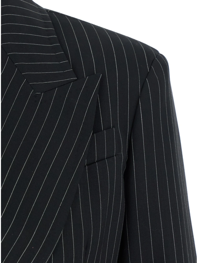 Mattia Black Double-Breasted Jacket with Peak Revers and All-Over Striped Motif in Wool Woman