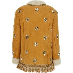 Beige Crewneck Jacket with All-Over Heart Embellishments and Fur Details in Leather Woman
