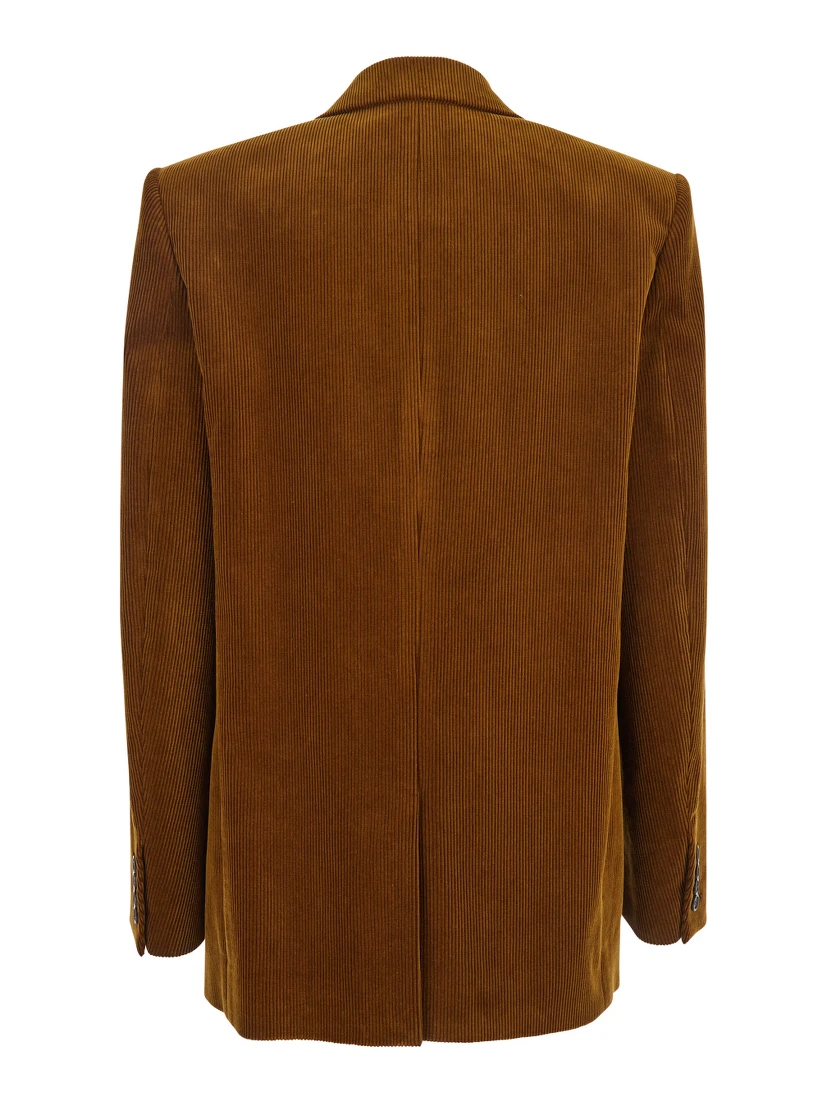 Brown Double-Breasted Jacket with Notched Revers and in Corduroy Woman