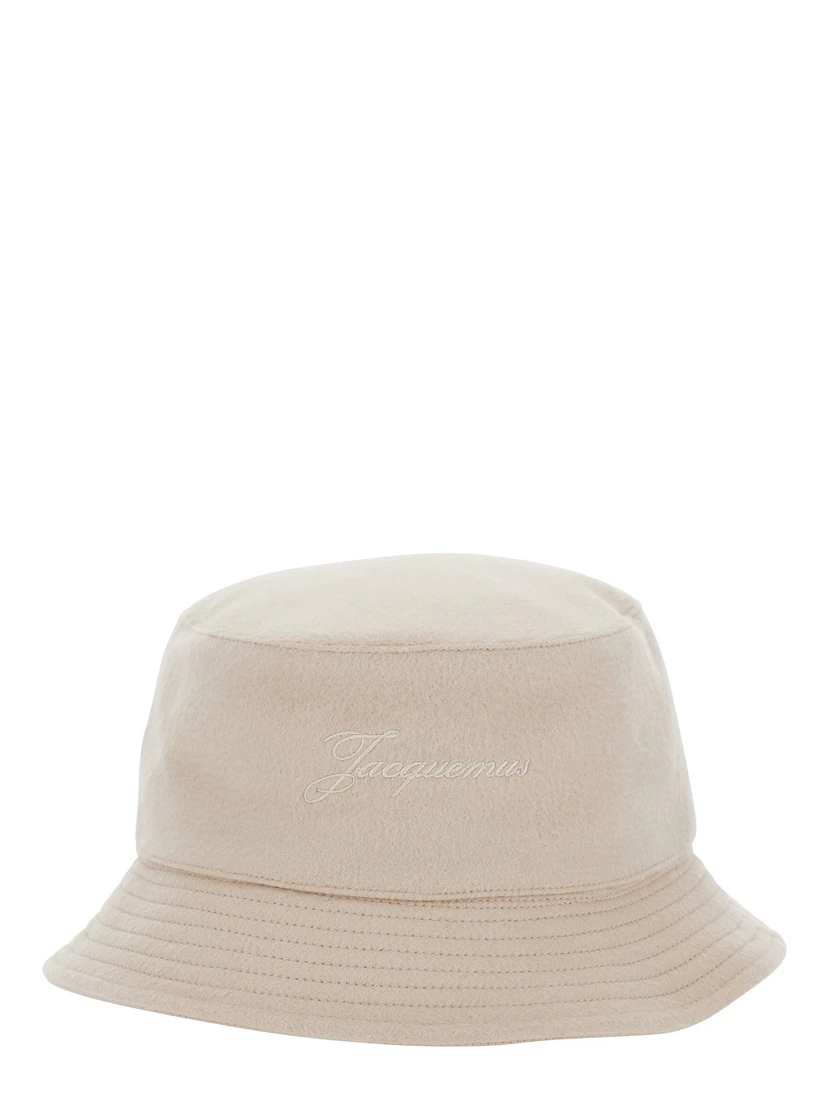 Le Bob Cachemiro Beige Bucket Hat with Logo Lettering Embroidery on the Front and Ribbed Brim in Wool Man