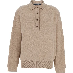 La Maille Vareuse Pallone Beige Sweater with Polo Shirt Style Collar in Wool and Cashmere Stretch Woman