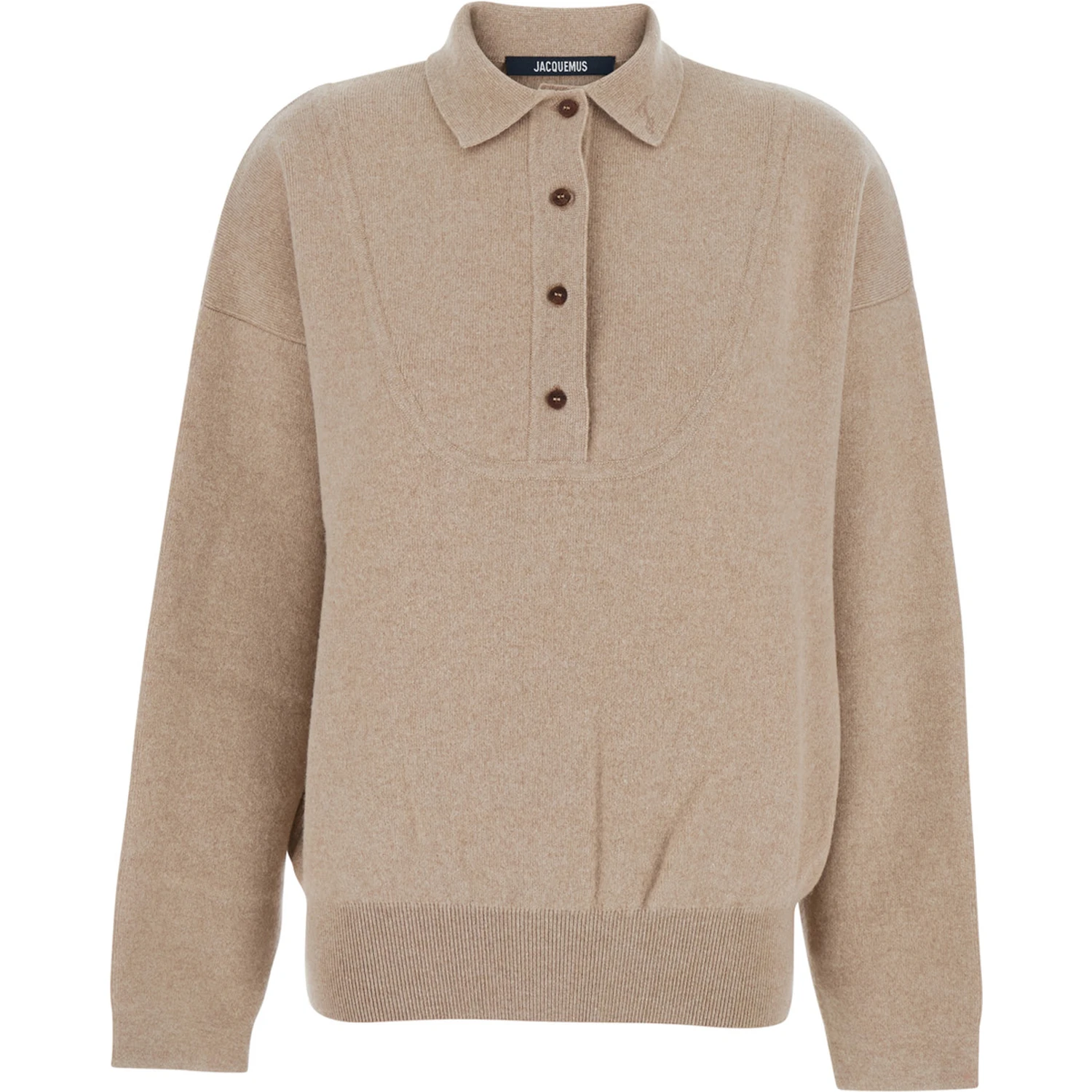 La Maille Vareuse Pallone Beige Sweater with Polo Shirt Style Collar in Wool and Cashmere Stretch Woman