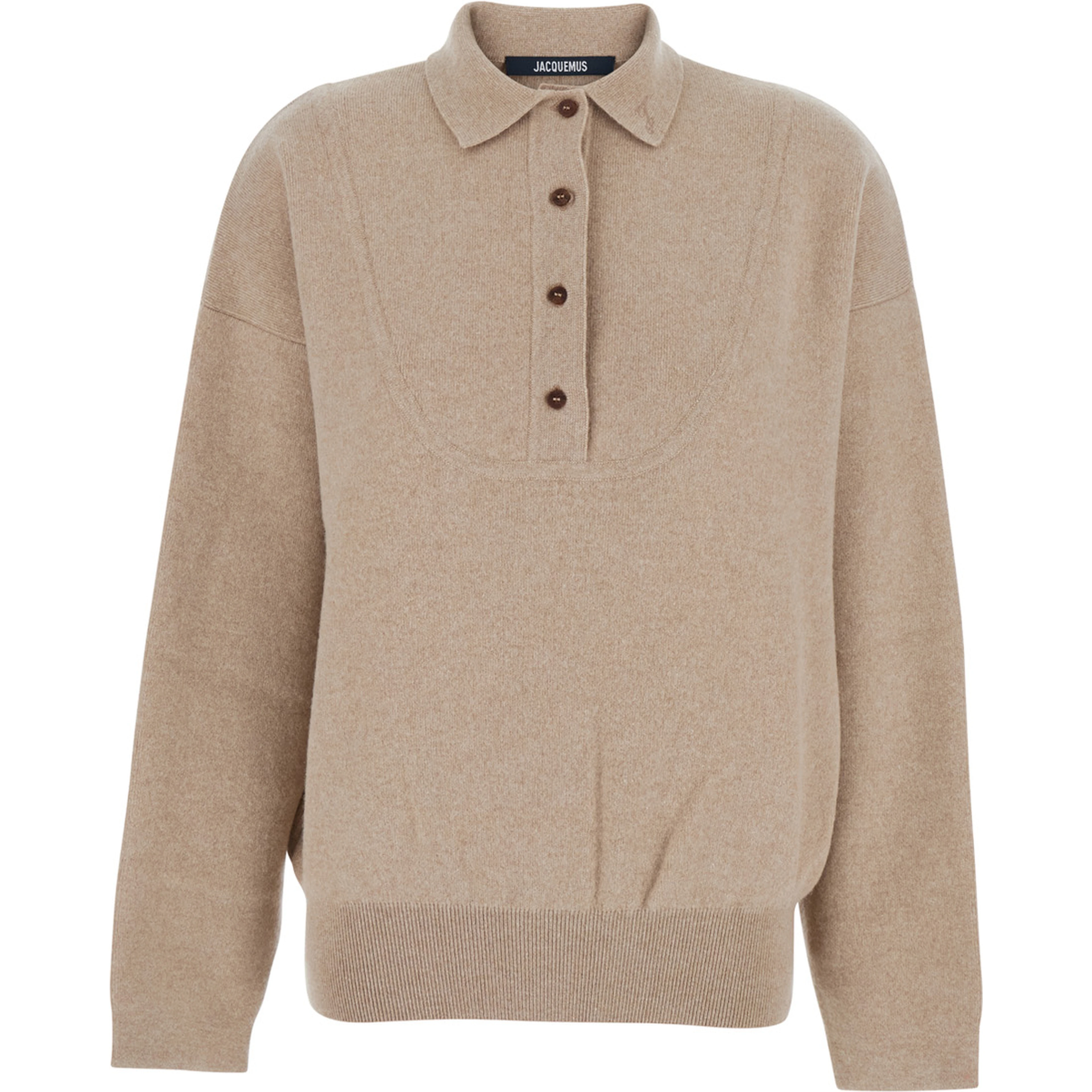 La Maille Vareuse Pallone Beige Sweater with Polo Shirt Style Collar in Wool and Cashmere Stretch Woman