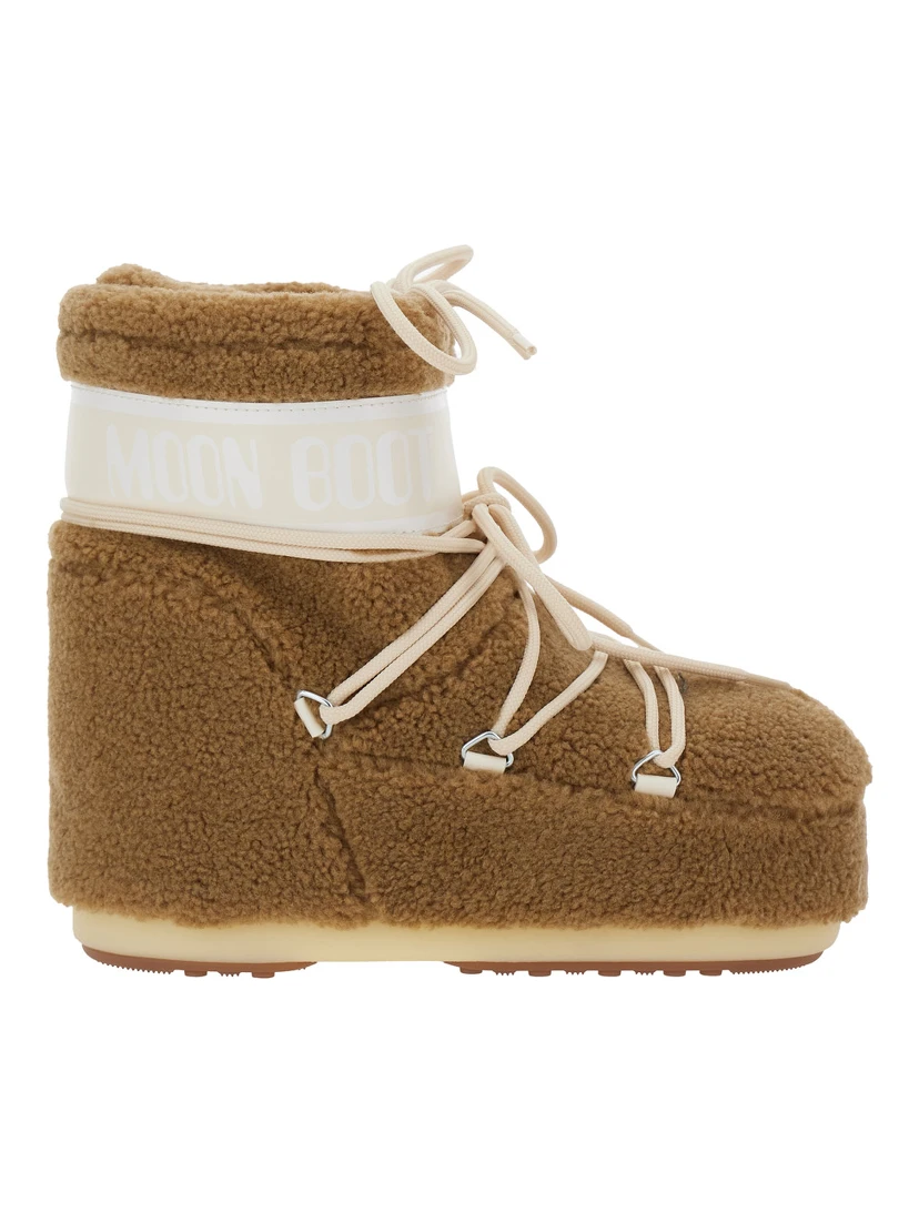 Icon Brown Snow Ankle Boots with Maxi Logo Print on the Side in Fleece Woman