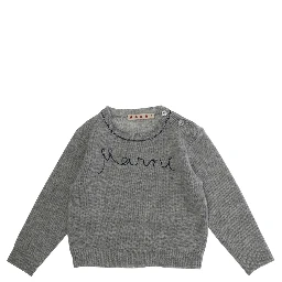 Grey Crewneck Sweater with Logo Lettering on the Front in Wool Baby