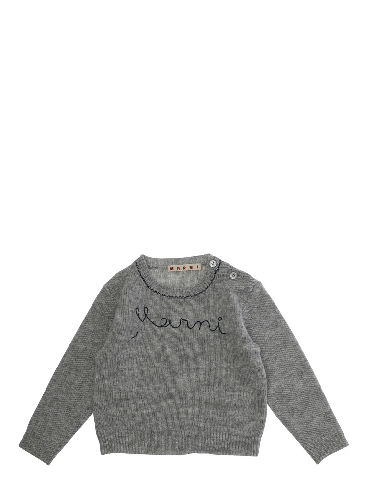Grey Crewneck Sweater with Logo Lettering on the Front in Wool Baby alternative