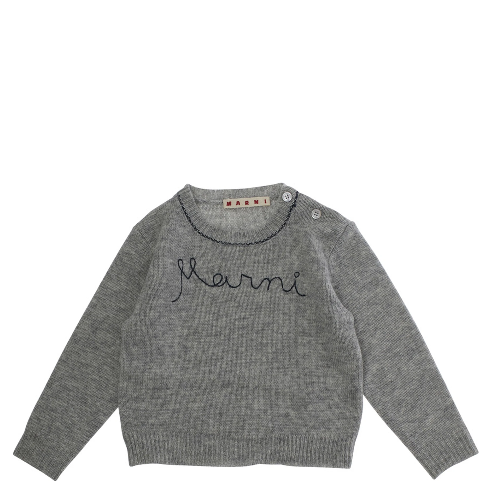 Grey Crewneck Sweater with Logo Lettering on the Front in Wool Baby