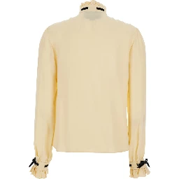 Beige High Neck Shirt with Ruffle Details in Silk Woman