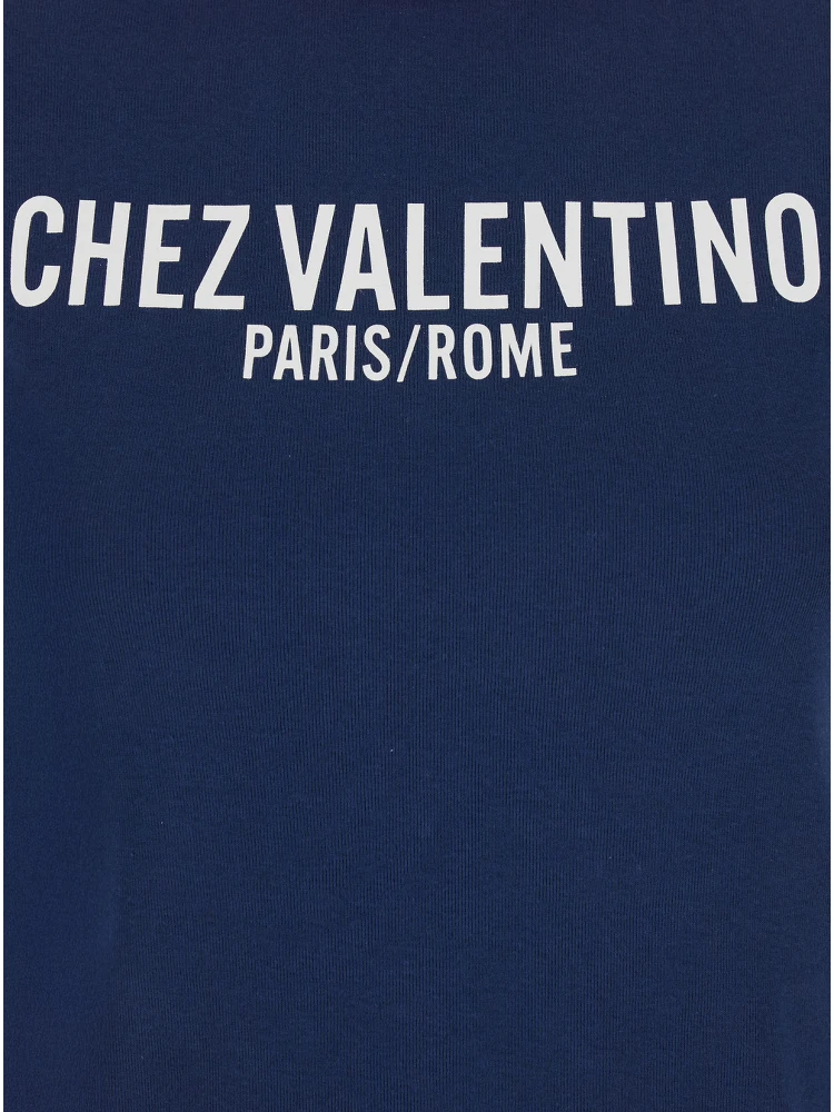 Blue T-Shirt with Chez Valentino Print on the Front in Cotton Woman alternative