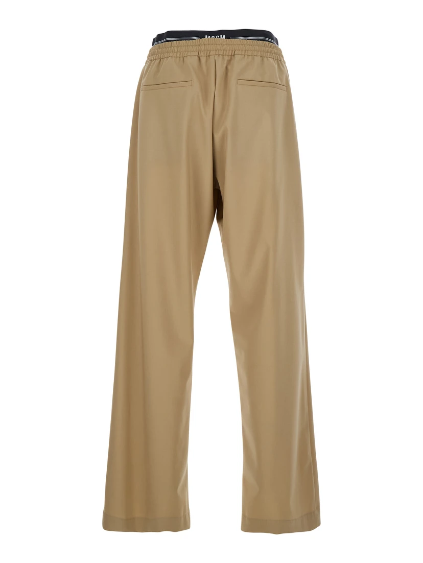 Beige Pants with Elastic Drawstring Waist in Wool Stretch Man