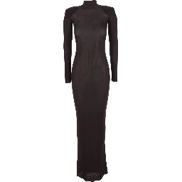 Brown Turtleneck Long Dress with Shoulder Pads in Viscose Woman