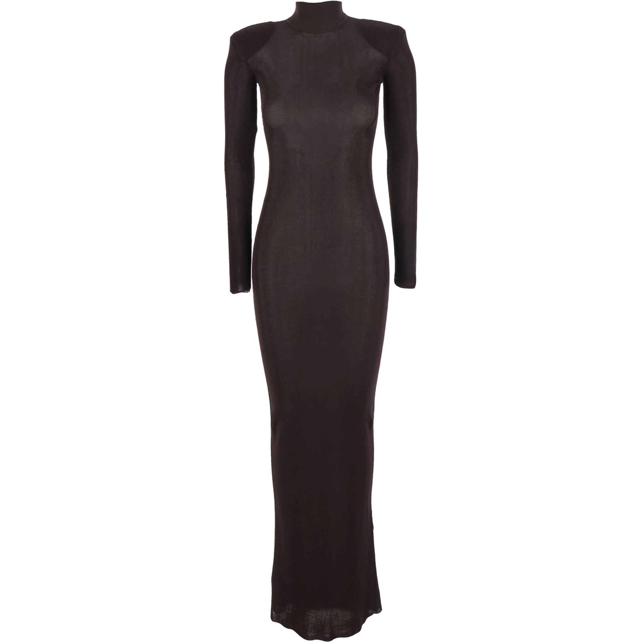 Brown Turtleneck Long Dress with Shoulder Pads in Viscose Woman