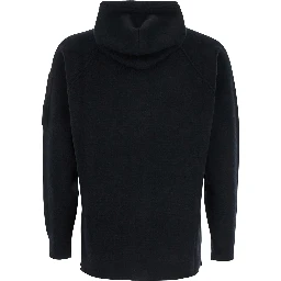 Black Cardigan with Drawstring Hood and Logo Plaque on the Sleeve in Wool Blend Man