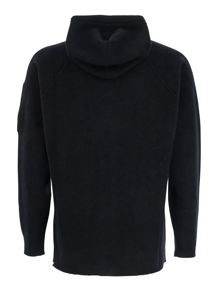 Black Cardigan with Drawstring Hood and Logo Plaque on the Sleeve in Wool Blend Man alternative