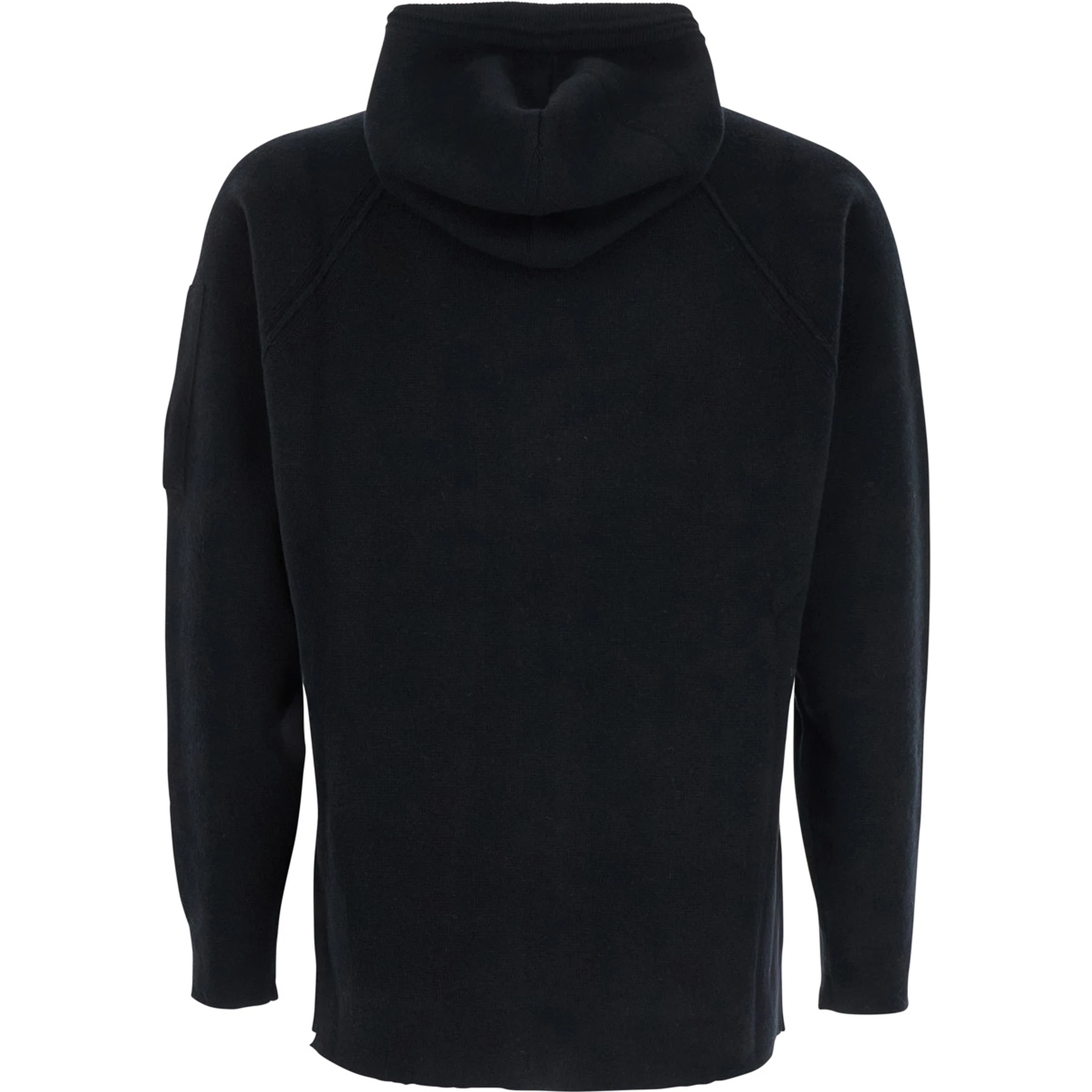 Black Cardigan with Drawstring Hood and Logo Plaque on the Sleeve in Wool Blend Man