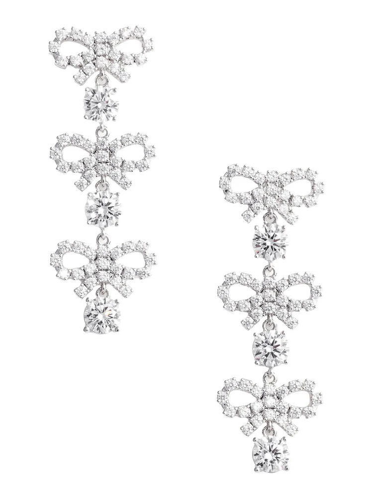 Metallic Tiered Earing with Bow Charm and Crystal Embellishments in Brass Woman