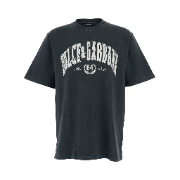 Dark Grey Crewneck T-Shirt with Logo Lettering Print on the Front in Cotton Man