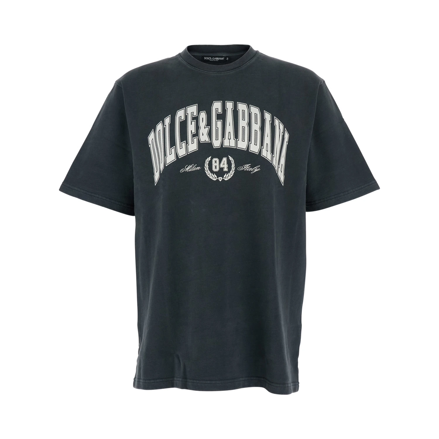 Dark Grey Crewneck T-Shirt with Logo Lettering Print on the Front in Cotton Man