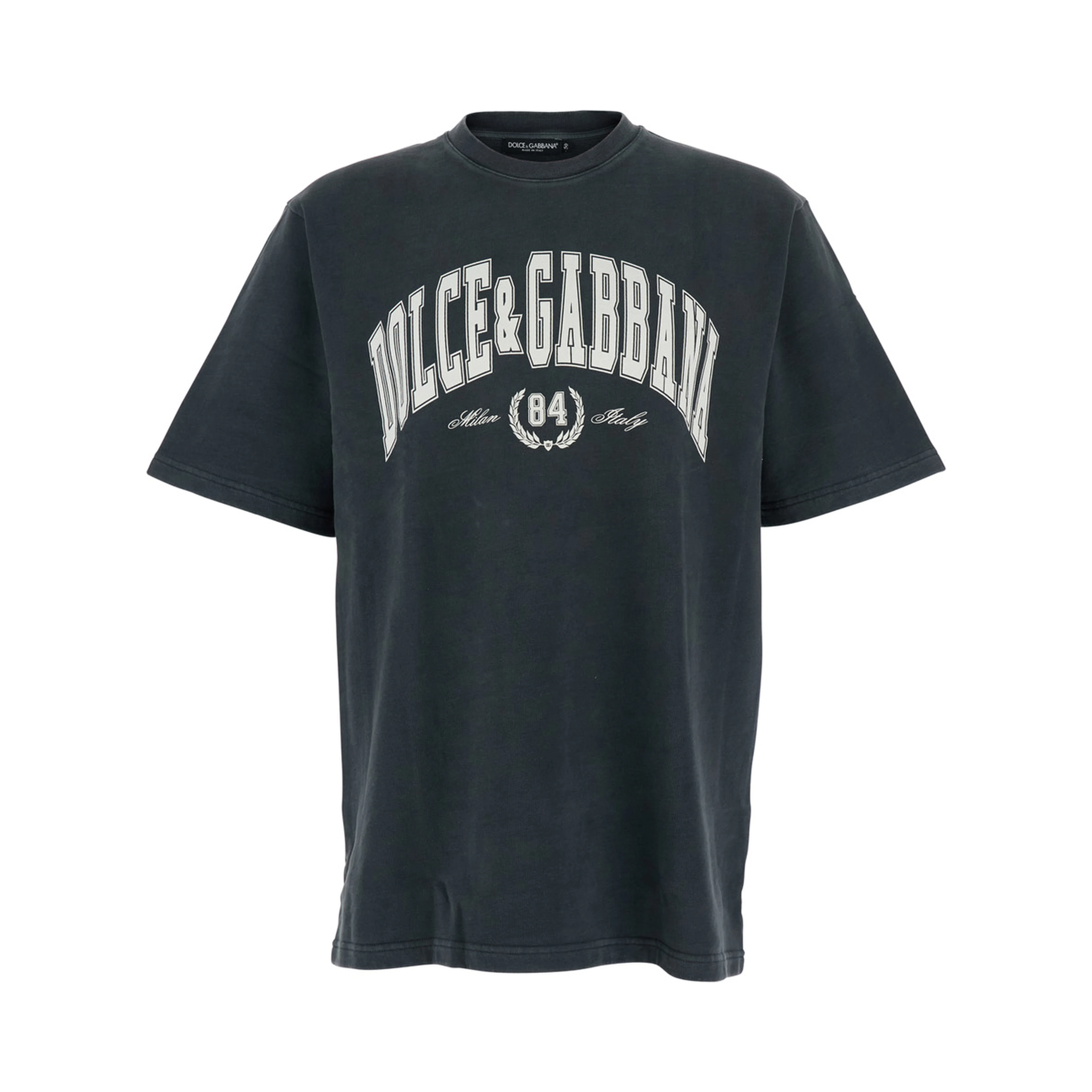Dark Grey Crewneck T-Shirt with Logo Lettering Print on the Front in Cotton Man