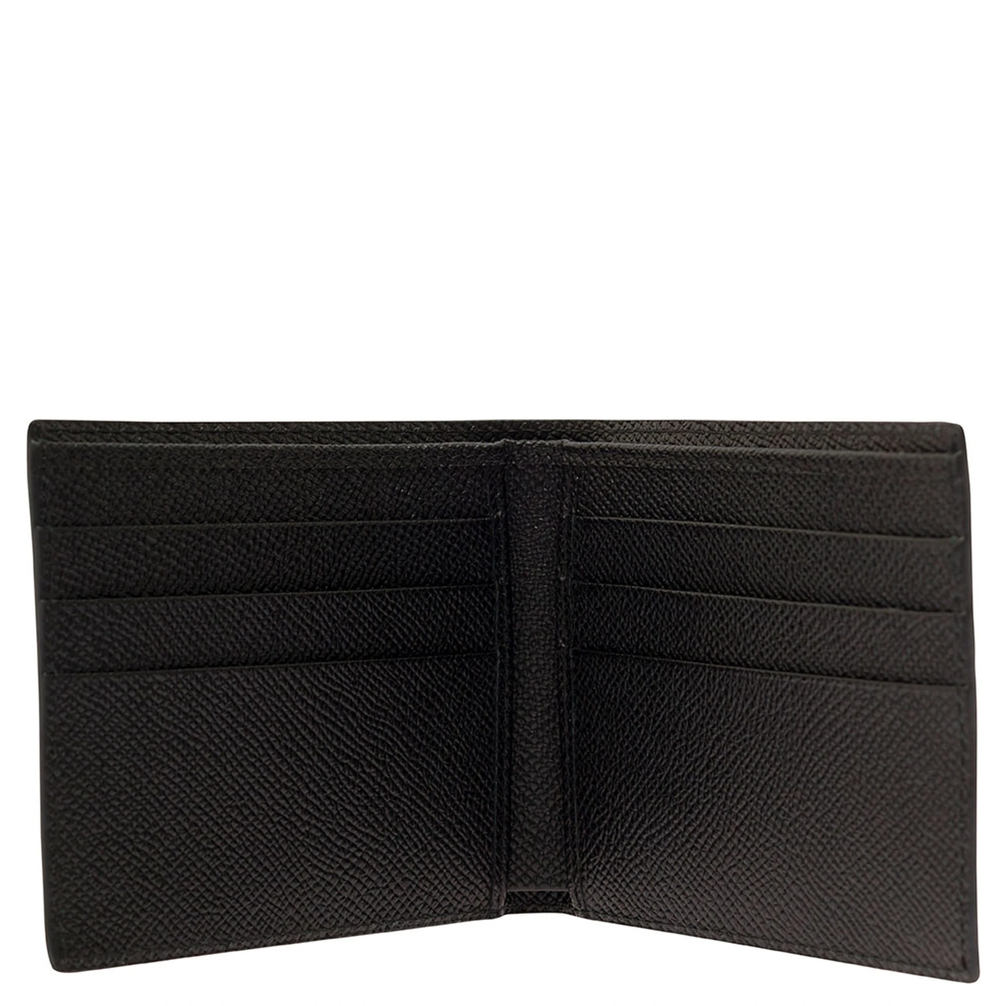 Black Bi-Fold Wallet with Logo Plaque on the Front in Grained Leather Man