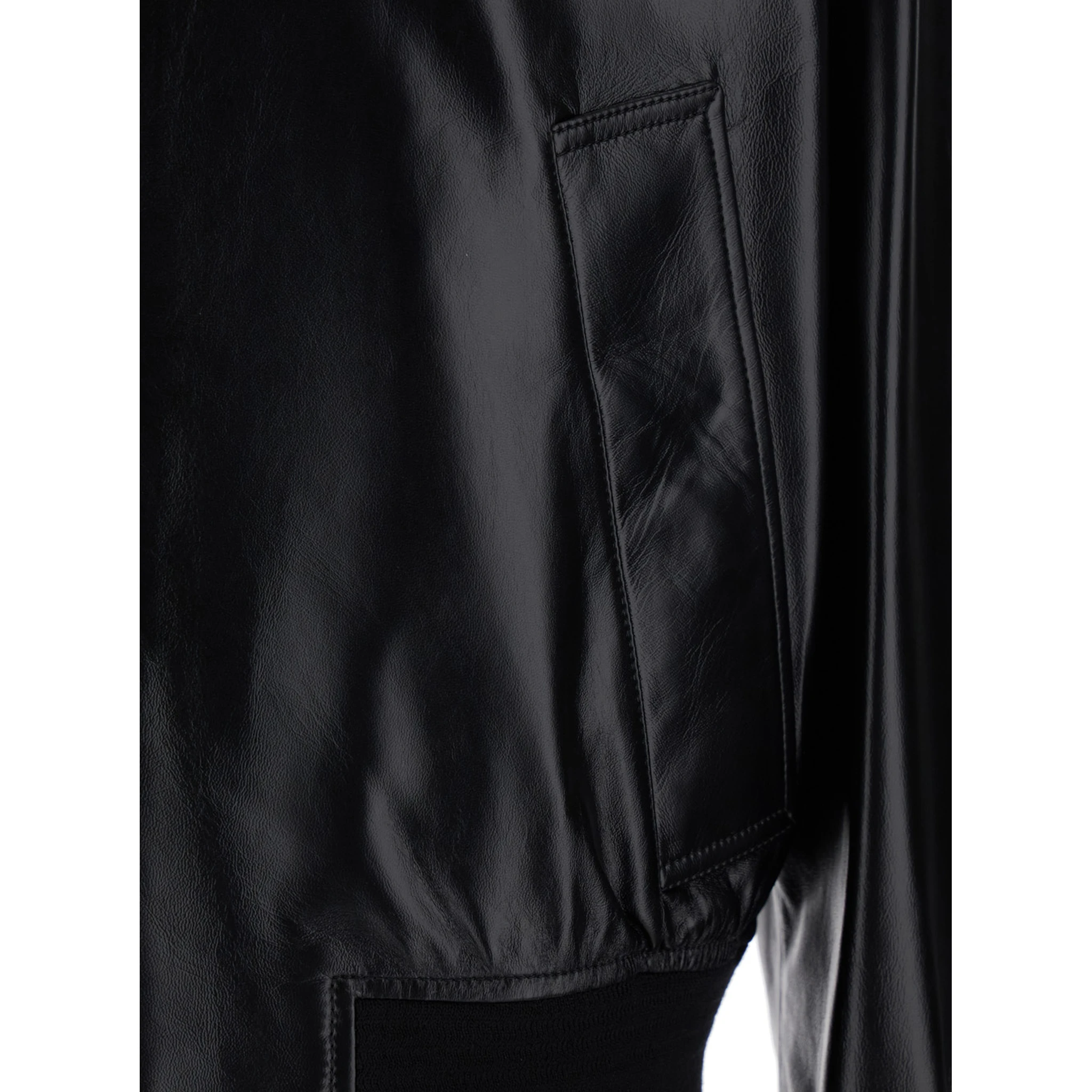 Black Bomber Jacket with Two Front Welt Pockets in Leather Man