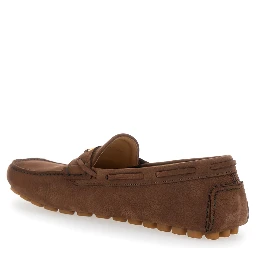 Brown Loafers with Round Toe and VLogo Plaque in Suede Man