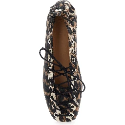 Brown Lace-up Ballerinas with Metal Eyelets and All-Over Print in Fabric Woman