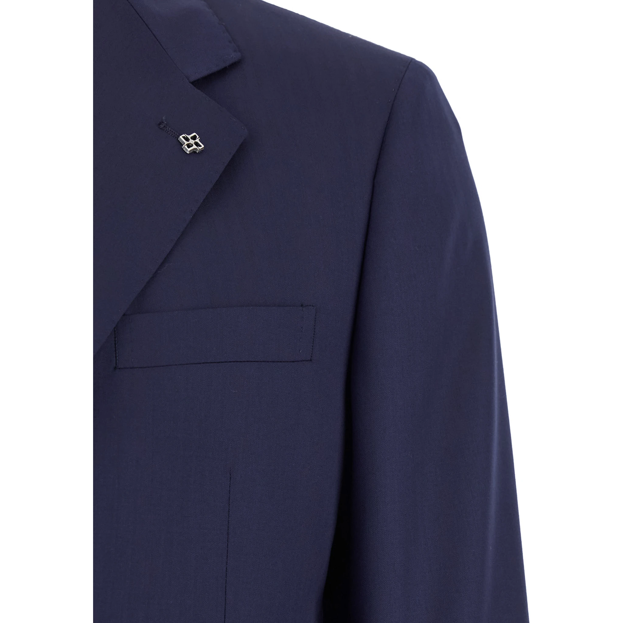 Blue Single-Breasted Suit with Notched Revers and Brooch Detail on the Front in Wool Man
