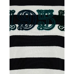 Viterbo Black and White Crewneck Sweater with Embroidery on the Front and All-Over Striped Motif in Wool Woman
