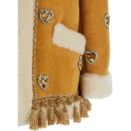 Beige Crewneck Jacket with All-Over Heart Embellishments and Fur Details in Leather Woman