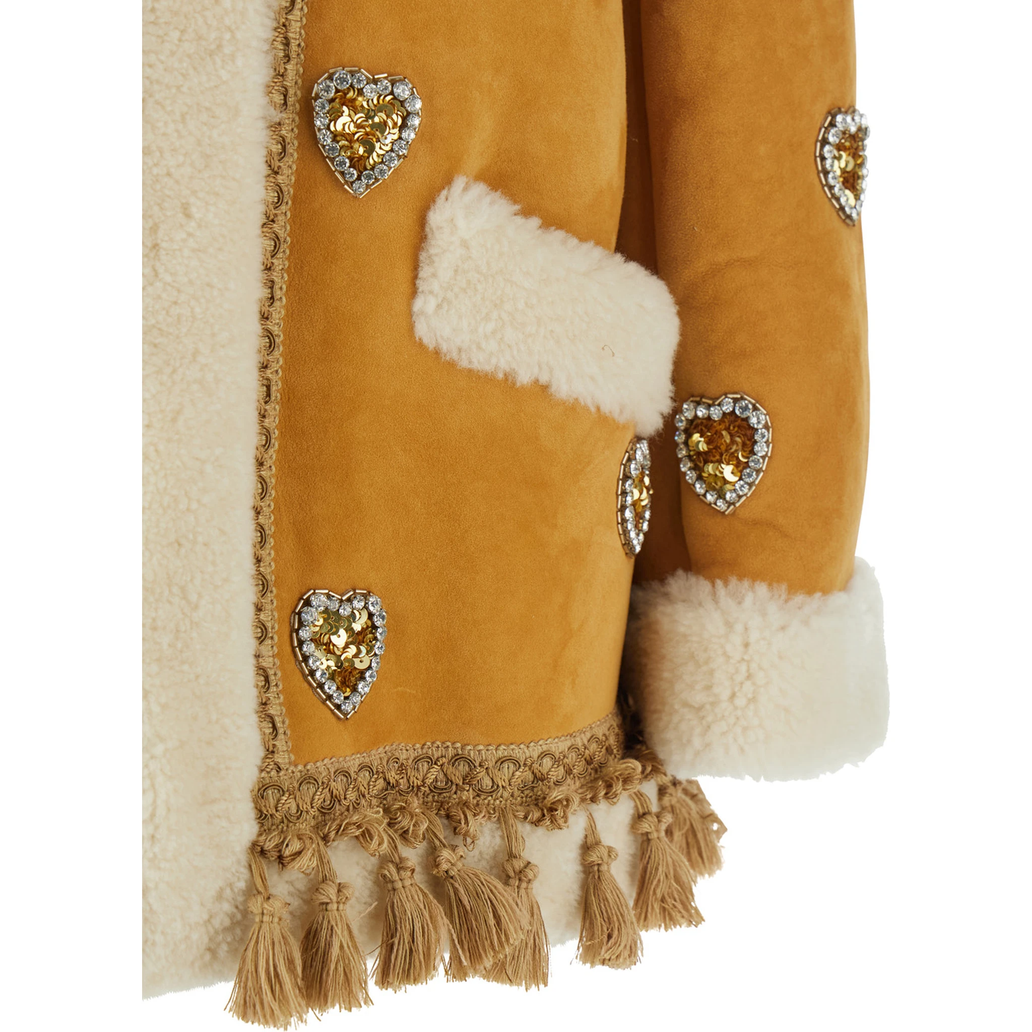 Beige Crewneck Jacket with All-Over Heart Embellishments and Fur Details in Leather Woman