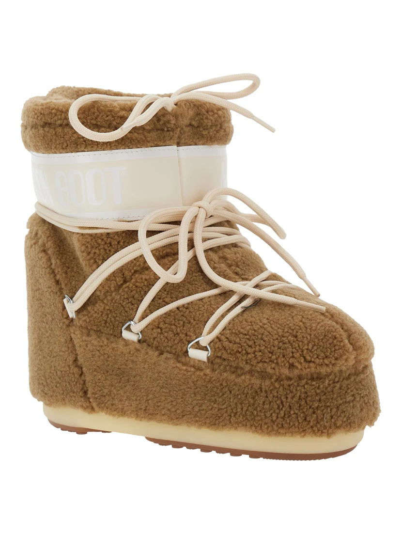 Icon Brown Snow Ankle Boots with Maxi Logo Print on the Side in Fleece Woman