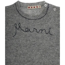 Grey Crewneck Sweater with Logo Lettering on the Front in Wool Baby