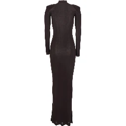 Brown Turtleneck Long Dress with Shoulder Pads in Viscose Woman