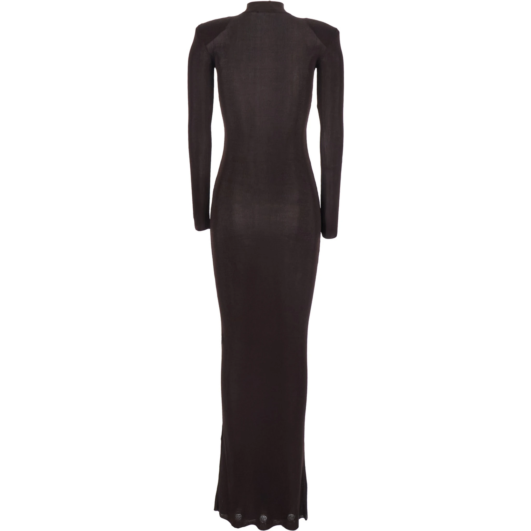 Brown Turtleneck Long Dress with Shoulder Pads in Viscose Woman