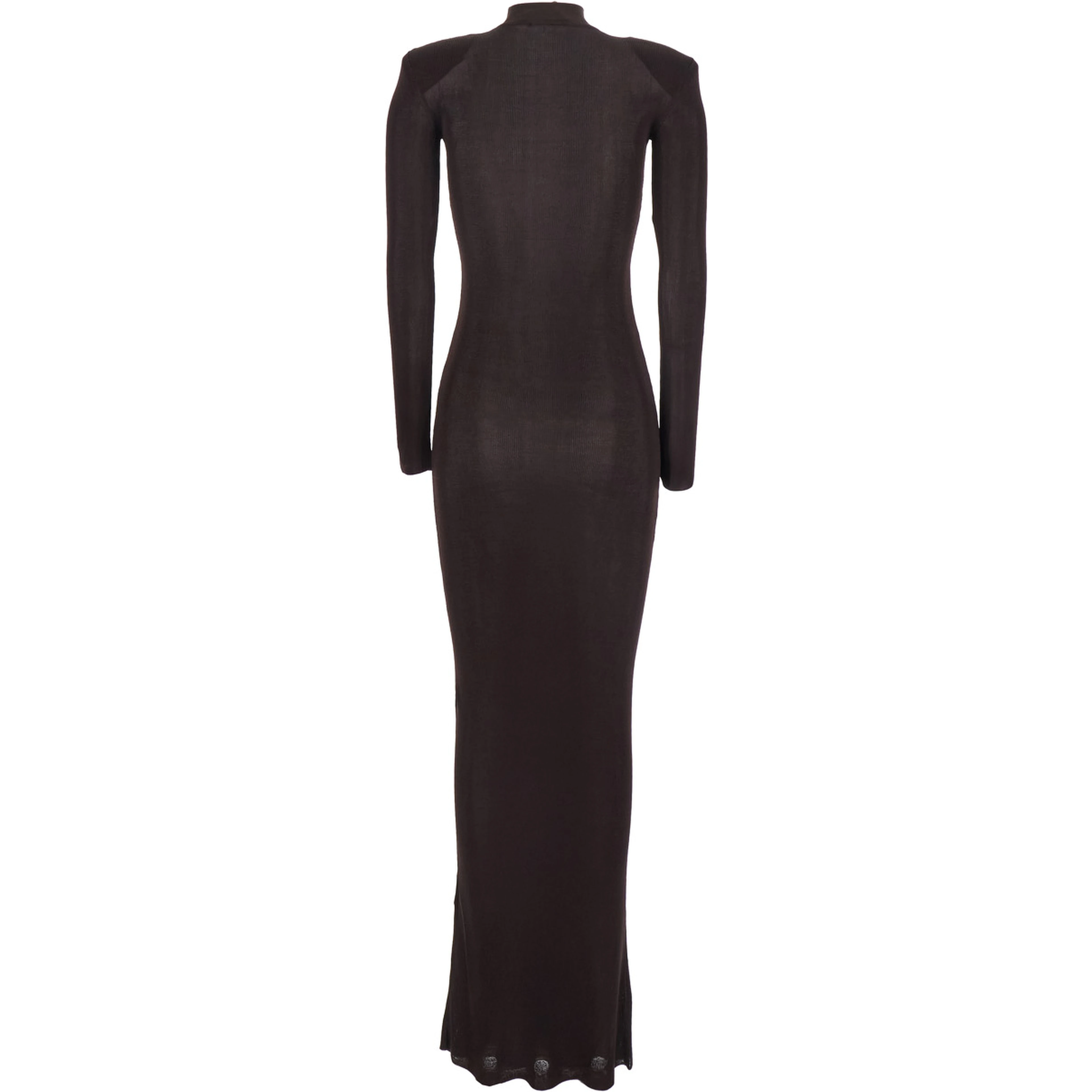 Brown Turtleneck Long Dress with Shoulder Pads in Viscose Woman
