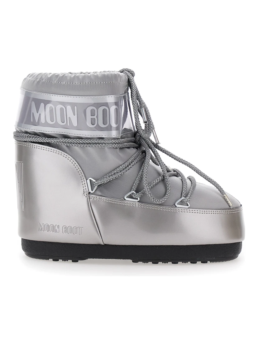 Icon Metallic Grey Snow Ankle Boots with Maxi Logo Print on the Side in Tech Fabric Girl