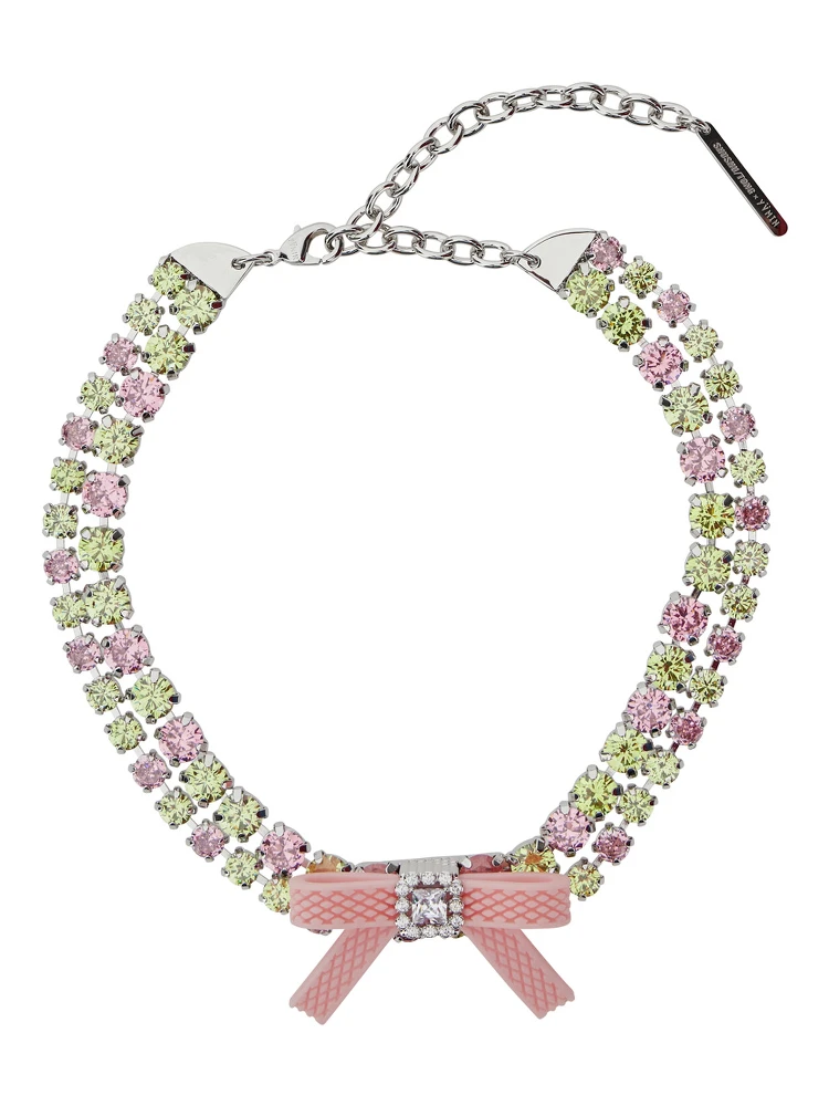 Pink Necklace with All-Over Gemstone Embellishments and Bow Detail in Silver and Gemstones Woman