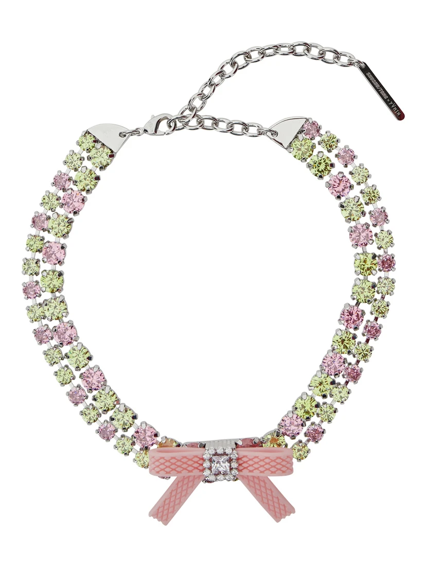 Pink Necklace with All-Over Gemstone Embellishments and Bow Detail in Silver and Gemstones Woman