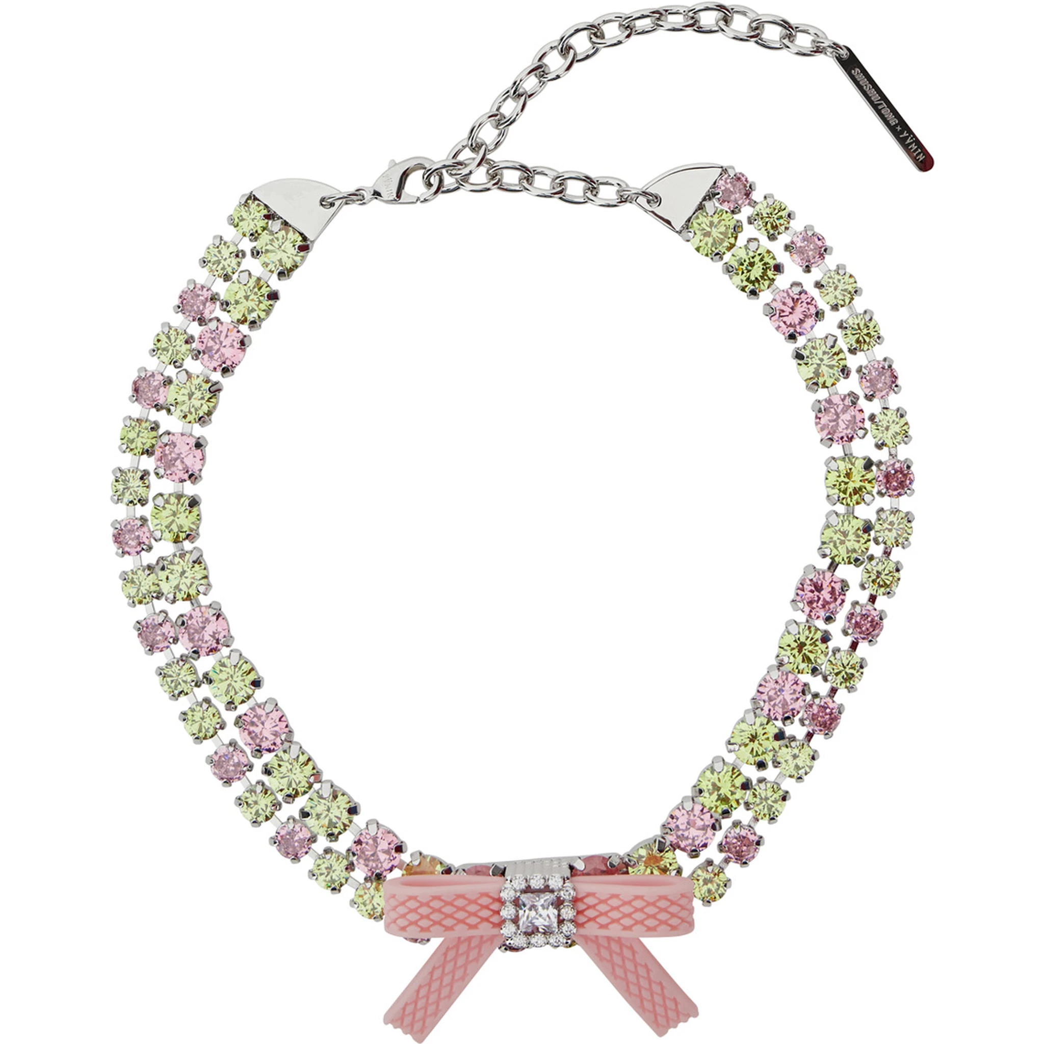 Pink Necklace with All-Over Gemstone Embellishments and Bow Detail in Silver and Gemstones Woman